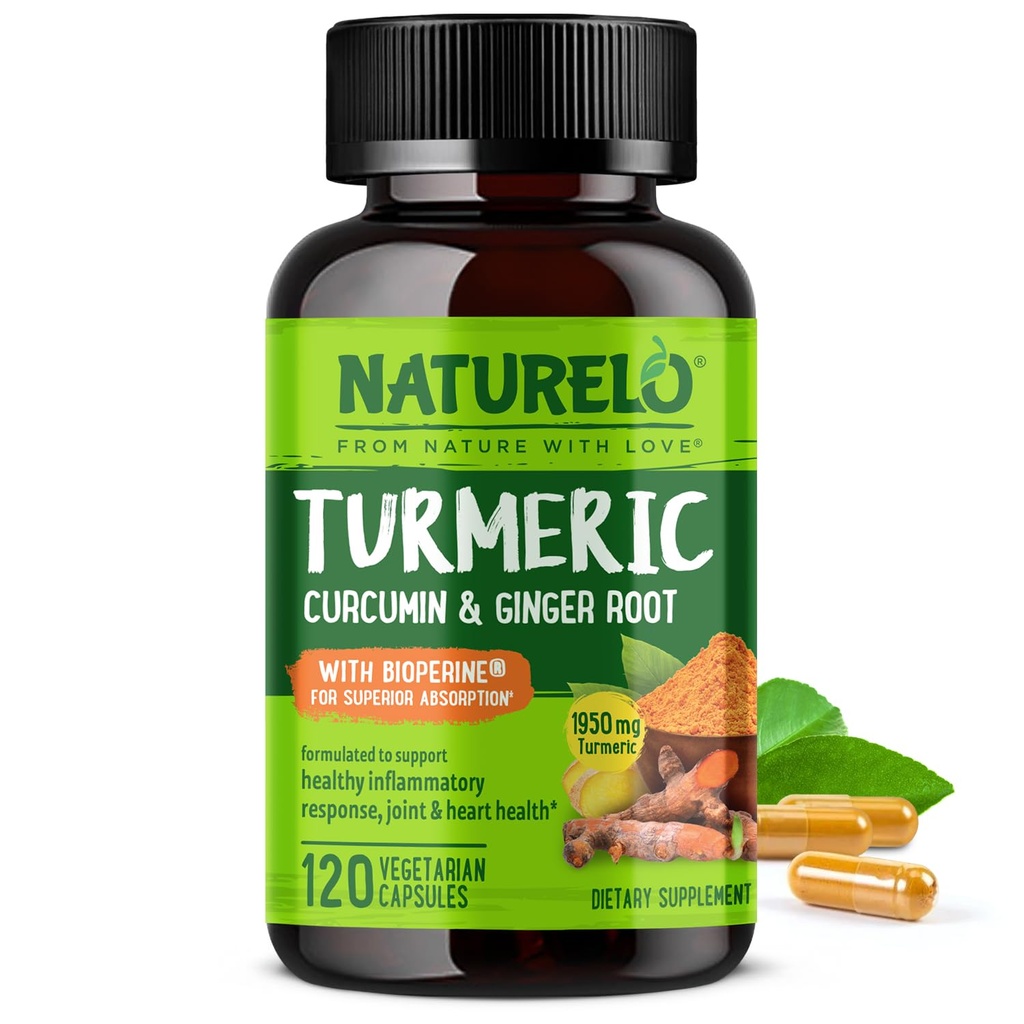 NATURELO Curcumine curmérique - BioPerine pour une meilleure absorption - Poivre noir, racine de gingembre, Curcuminoïdes - Soutien à l'inconfort articulaire à base de plantes - 120 capsules végétaliennes