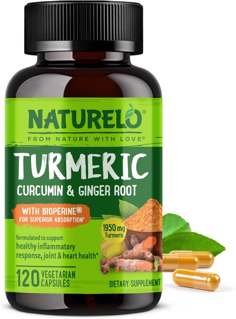 NATURELO Turmeric Curcumin - BioPerine for Better Absorption - Black Pepper, Ginger Root, Curcuminoids - Plant-Based Joint Discomfort Support - 120 Vegan Capsules