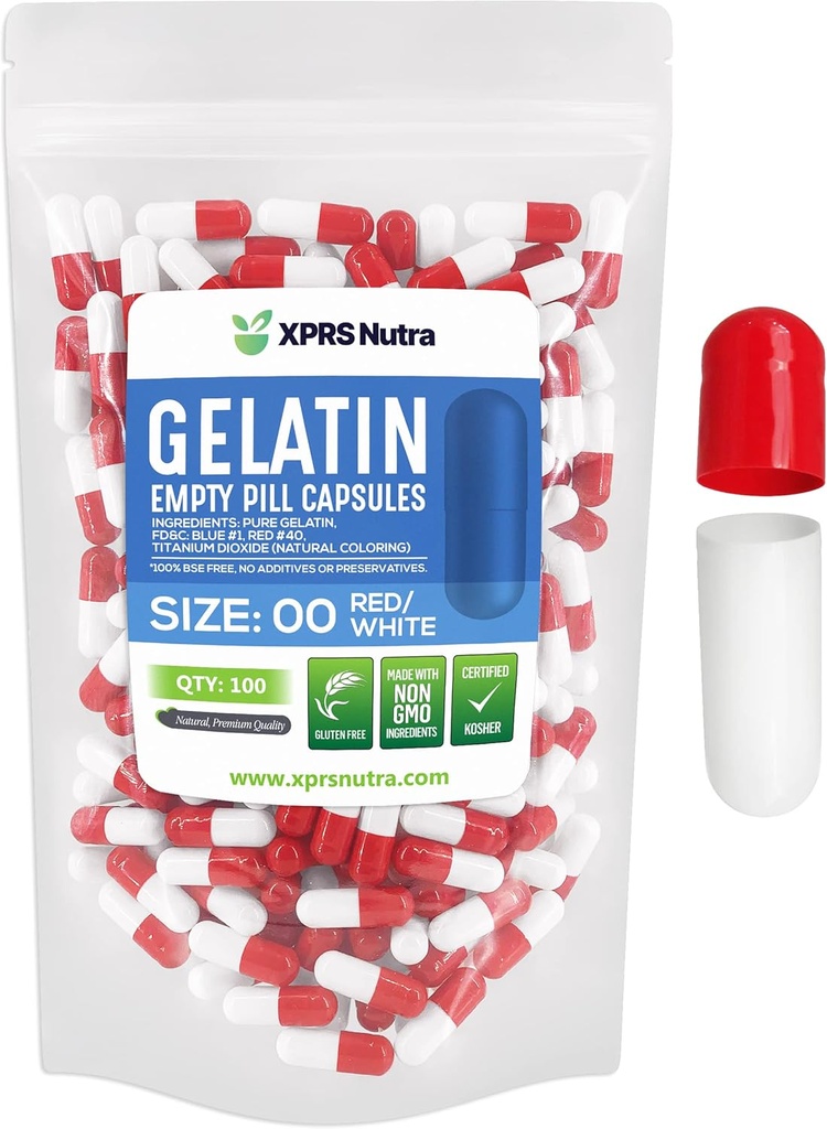 XPRS Nutra Taille 00 Capsules vides - 100 Capsules de gélatine vides - Pills Bricolage Capsule de remplissage - Capsules de gel de pilule rechargeables pour compléments Do-It-Youlf (Rouge/Blanc)