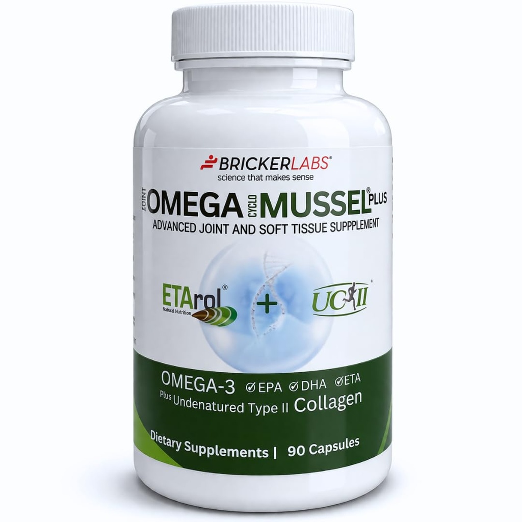 Bricker Labs Omega Cyclo - Mussel Plus UC-II, Premium NZ Green Lipped Mussel Plus UC-II Collagène de type II non dénaturé, le complément articulaire ultime pour la santé et le confort des articulations, 90 capsules