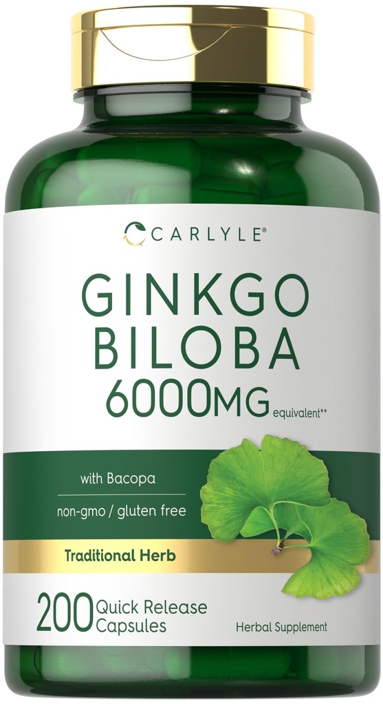 Carlyle Ginkgo Biloba Pills: 6000mg: 200 Capsules avec extrait de Bacoba.