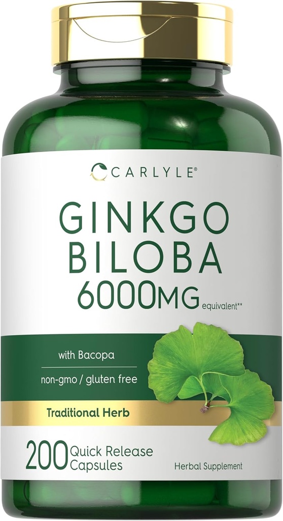 Carlyle Ginkgo Biloba Pills: 6000mg: 200 Capsules avec extrait de Bacoba.