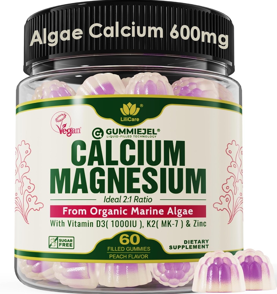 Gommies de calcium à base végétale 600mg avec vitamine D3 K2, magnésium, zinc pour la force osseuse, suppléments de calcium sans sucre pour les femmes et les hommes (Végétalien certifié) à partir d'algues rouges biologique durable - 60comptes