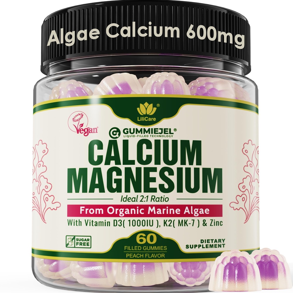 Gommies de calcium à base végétale 600mg avec vitamine D3 K2, magnésium, zinc pour la force osseuse, suppléments de calcium sans sucre pour les femmes et les hommes (Végétalien certifié) à partir d'algues rouges biologique durable - 60comptes