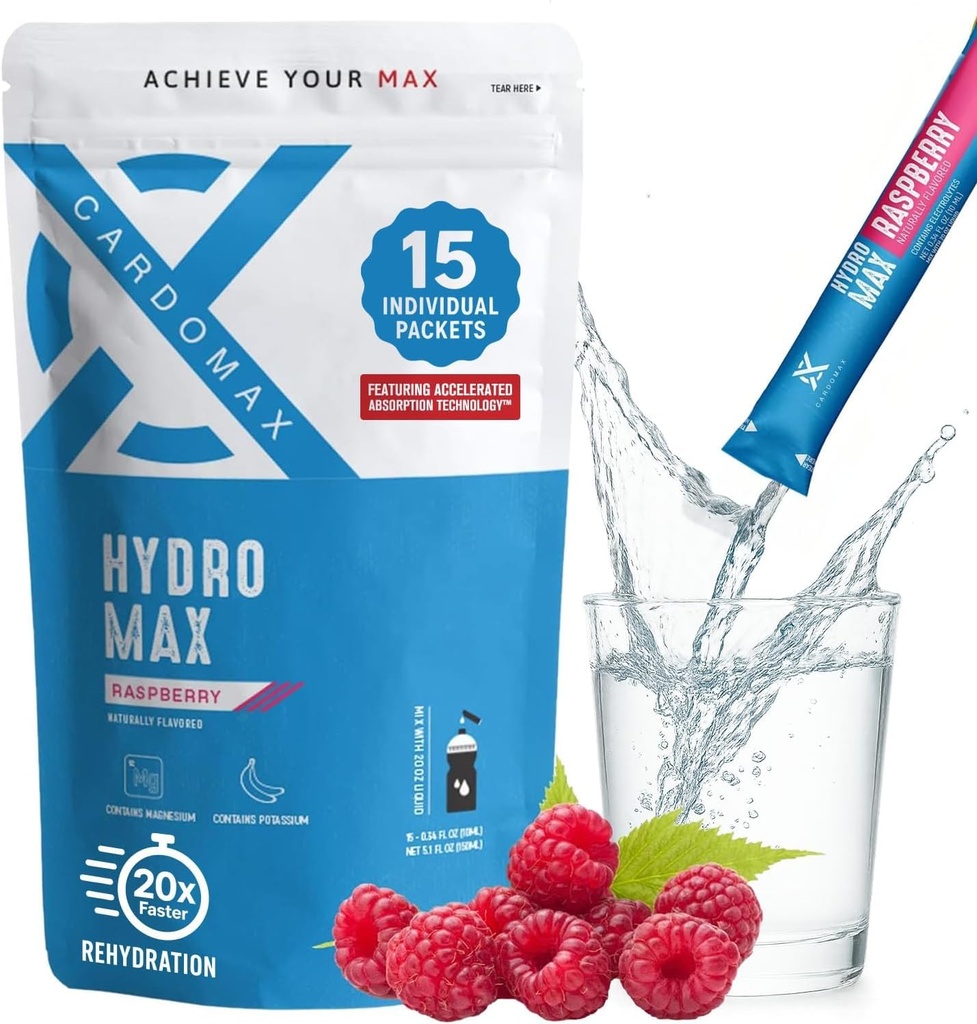 Hydromax Mélange de boissons électrolytiques – Framboise 15 paquets liquides avec potassium et magnésium – Zéro sucre, kéto et électrolytes végétaliens pour l'hydratation rapide et supplément de récupération