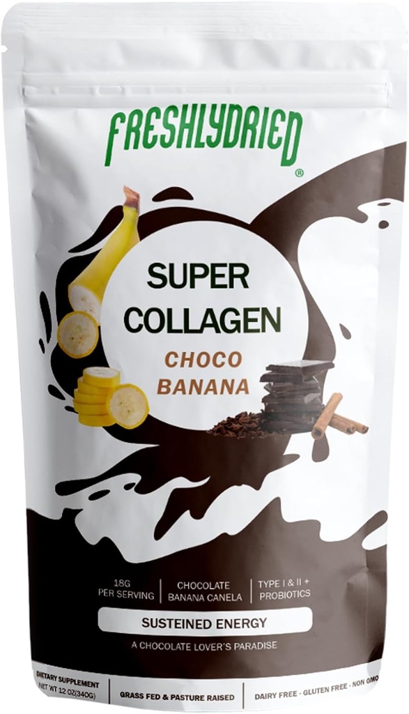 Peptides de collagène et poudre de ChocoBanana fraîchement séchés – Supporte les cheveux, la peau, les ongles, les os et les articulations – Collagène de type I et III alimenté à l'herbe + probiotiques – Chocolat Banana Cinnamon Saveur – 10 portions, 6 oz