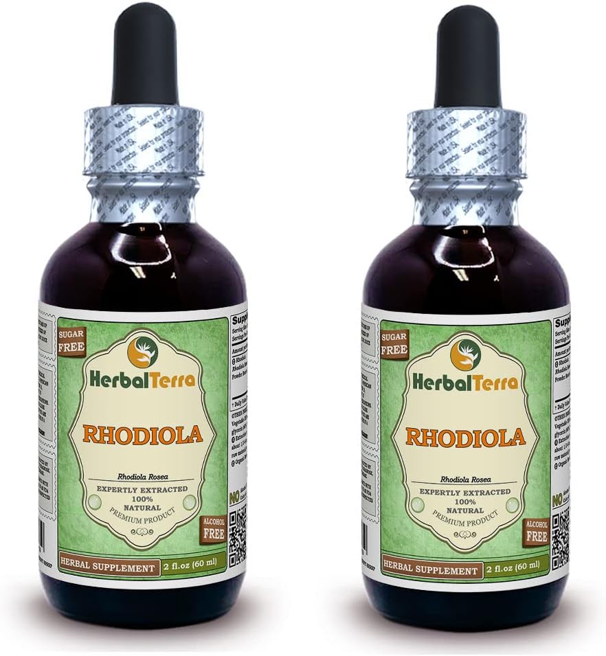 Rhodiola (Rhodiola Rosea) Glycerite, Organic Dried Roots Alcohol-Free Liquid Extract (Brand Name: HerbalTerra, Proudly Made in USA) 2x2 fl.oz (2x60 ml)