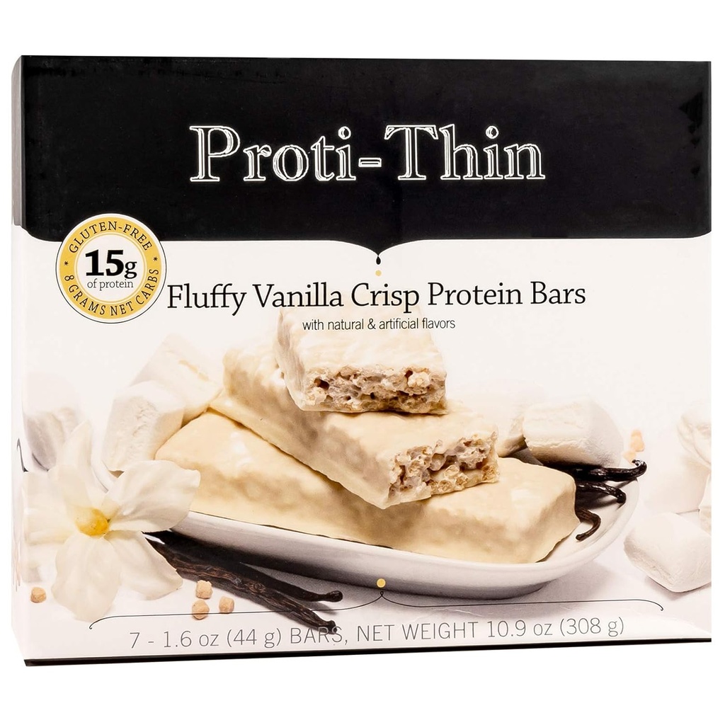 Proti-Thin Fluffy Vanilla Crisp Protein Bars, 15g de protéines, faible teneur en calories, très faible teneur en glucides (VLC), faible teneur en graisses, haute teneur en fibres, KETO Diet Friendly, Idéal Protéine Compatible, Pas d'ingrédients gluten, 7 /Box