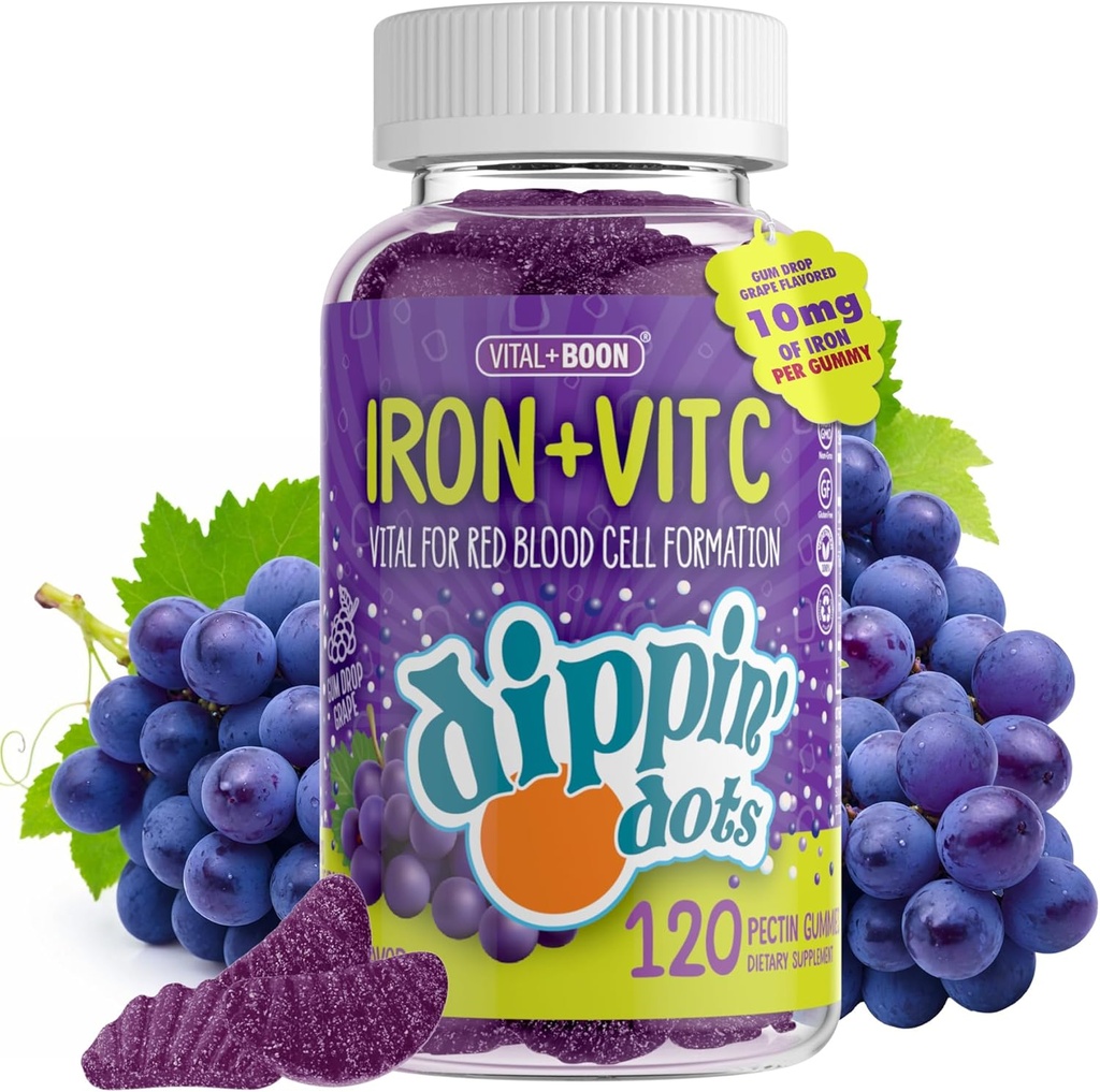 Iron with Vitamin C & B12 Gummies (120 Count) Vital for Red Blood Cell Formation | Gum Drop Grape Real Pectin Fruit Chew Supplements | Vegan, Non-GMO, Gluten Free & Gelatin Free