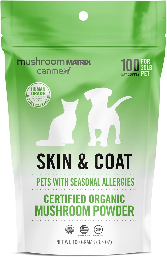 Om Mushroom Matrix Pet - Canine | Skin & Coat | USA Grown Human-Grade Organic Mushroom Powder Pet Supplement | Seasonal Allergy Skin & Coat Support for Dogs & Cats | 100 Grams, 3.5 oz