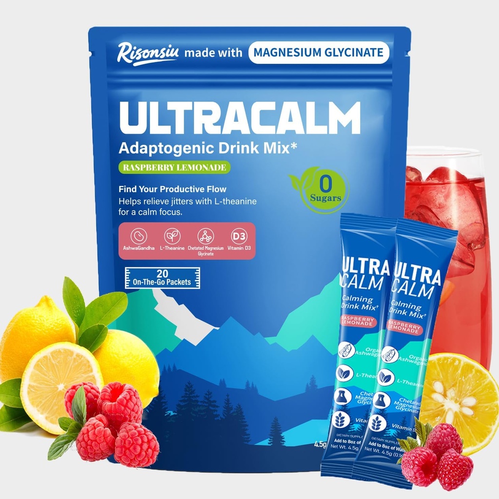UltraCalm Super Cortisol Boissons avec Magnésium Glycinate, Ashwagandha, L-Theanine, Vitamine D3, Magnésium Poudre pour Sleep & Stress Relief, Lémonade aux framboises (20 portions)