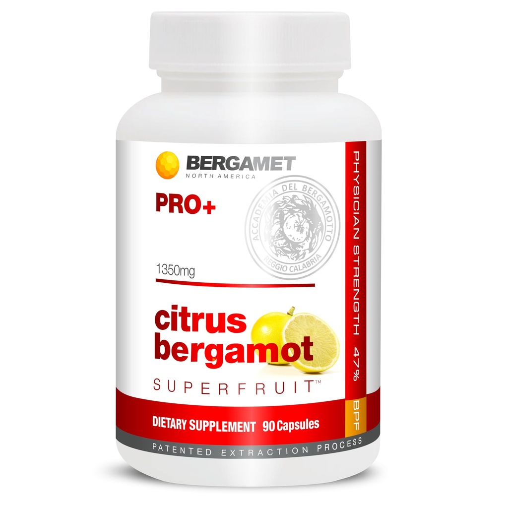 BergaMet Citrus Bergamot SuperFruit PRO+ Supplément, 200:1 Extrait, 1350mg, 80% Polyphénols, Extrait de feuille d'olive, 47% BPF, Le plus fort du monde, 90 Capsules, soutenues par des études cliniques, Fabriqué aux États-Unis