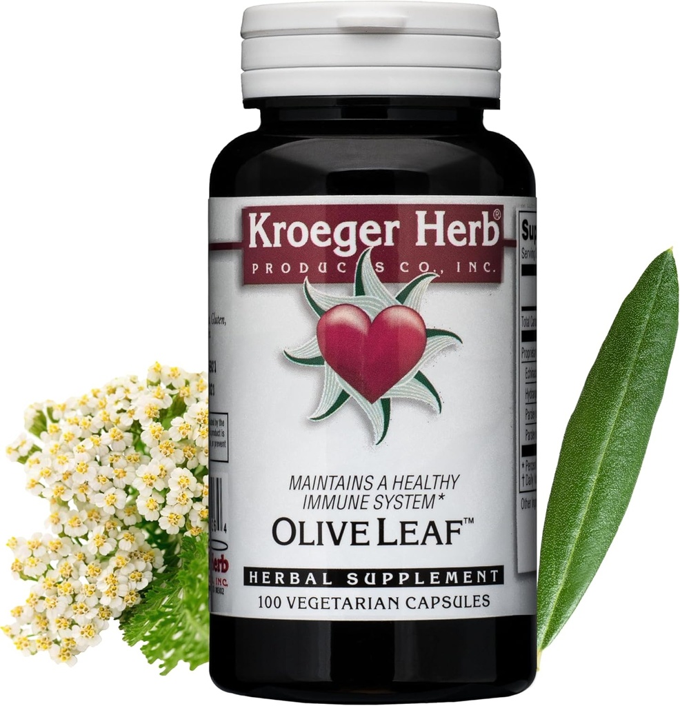 Kroeger Herbs, Capsules d'extrait de feuille d'olive pour système immunitaire, Supplément de feuille d'olive et de moine, Végétarien, Non-OGM, Sans gluten, Sans conservateur - 100 Capsules, Fabriqué aux États-Unis