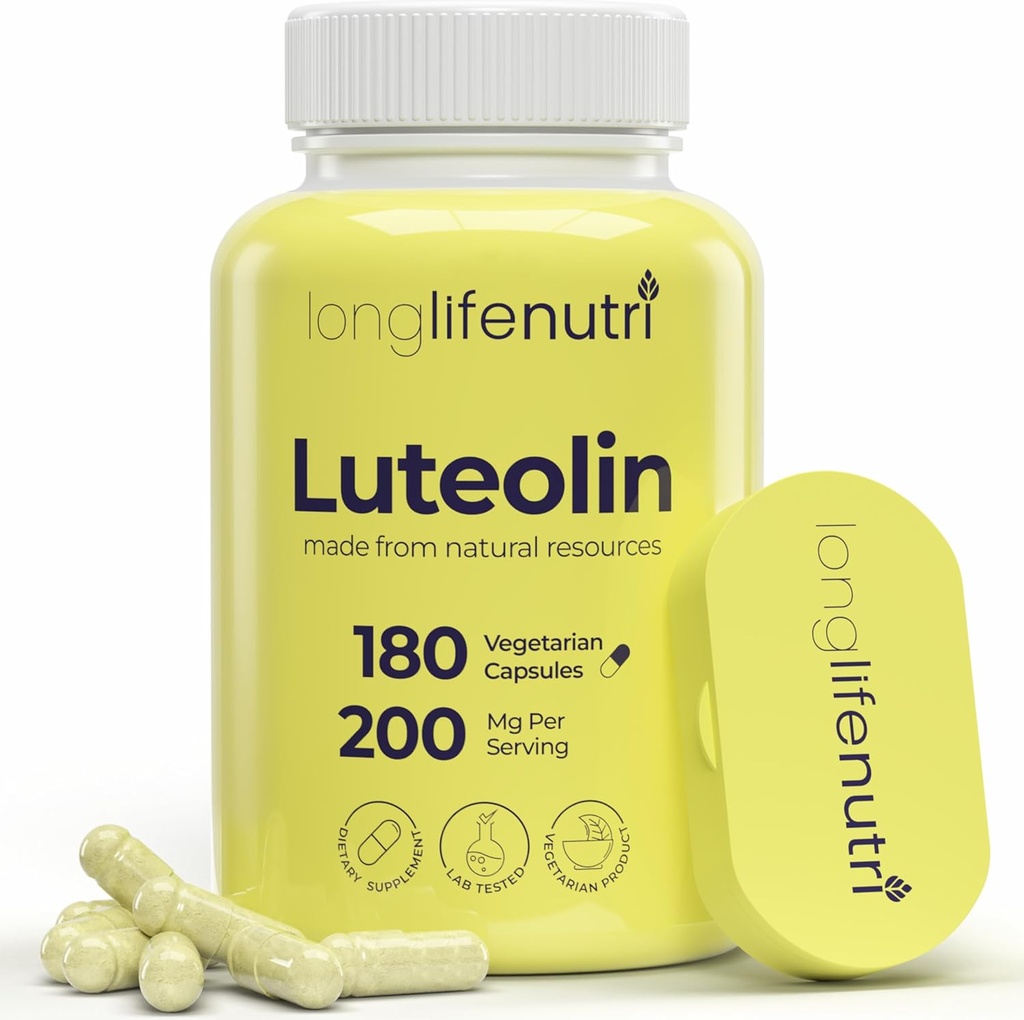 Supplément Luteolin 200mg - 180 Capsules végétariennes, 3-Mois d'approvisionnement - Renforcer la fonction cognitive et la santé globale - Testé en laboratoire, Fabriqué aux États-Unis, 2 tailles de portion