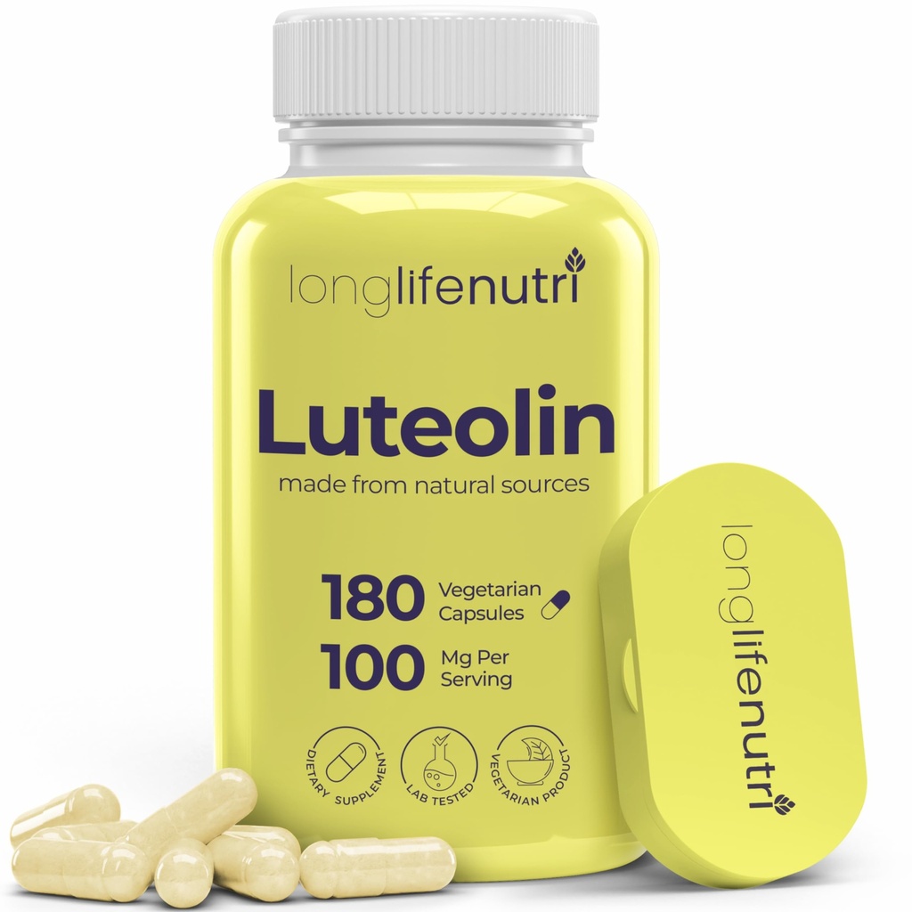 Supplément Luteolin 200mg - 180 Capsules végétariennes, 3-Mois d'approvisionnement - Renforcer la fonction cognitive et la santé globale - Testé en laboratoire, Fabriqué aux États-Unis, 2 tailles de portion
