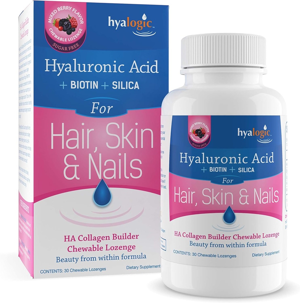 Hyalogic Hair Skin & Nails Hyaluronique Acid Collagen Builder – Delicious Berry Flavored Collagen Boost Chewable Lozenges – sans sucre végétalien collagène idéal pour améliorer votre beauté naturelle – 30 comte