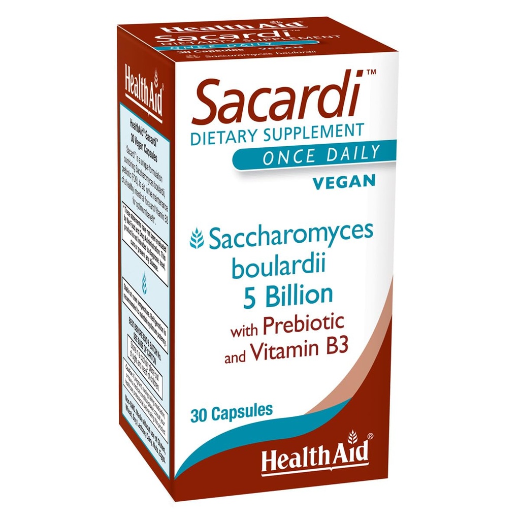 Sacardi Saccharomyces Boulardii – Une fois par jour avec de la vitamine B3 et FOS.