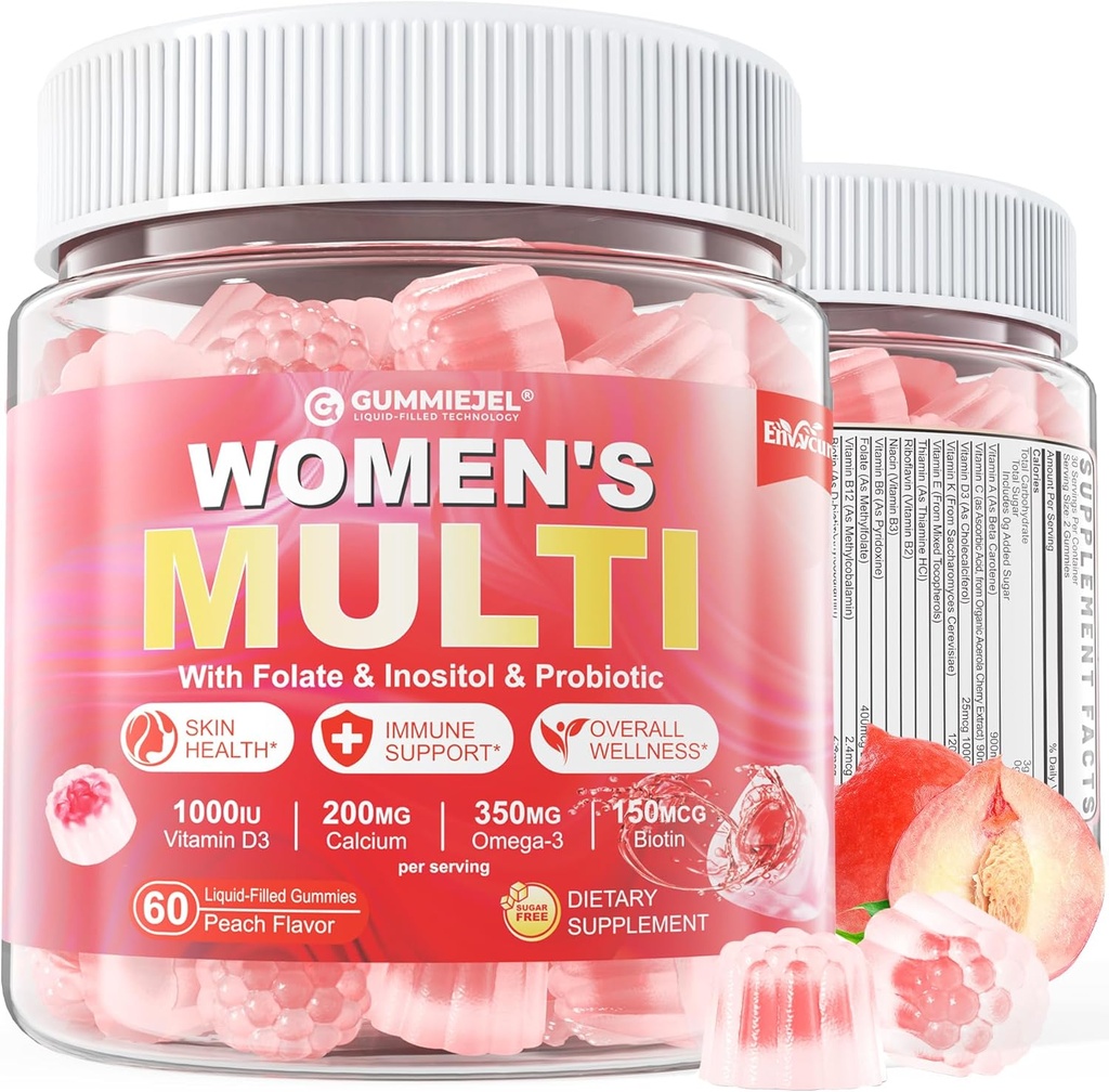 Gommies multivitamines sans sucre pour femmes - Gommies multivitamines avec Oméga-3, Enzymes et Mélange Antioxydant pour soutenir la santé, l'immunité, les cheveux, les ongles et la santé de la peau - 60 ct