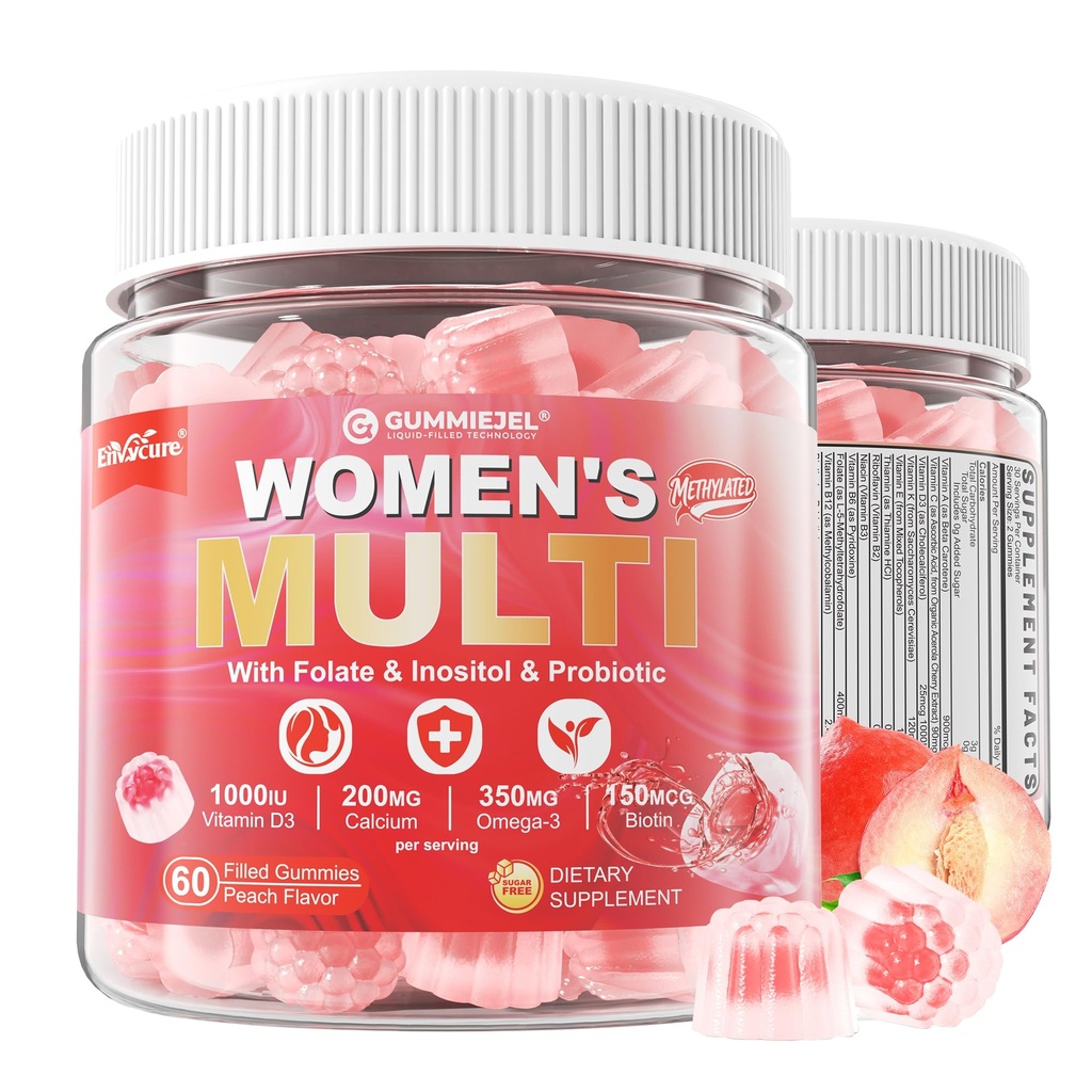 Gommies multivitamines sans sucre pour femmes - Gommies multivitamines avec Oméga-3, Enzymes et Mélange Antioxydant pour soutenir la santé, l'immunité, les cheveux, les ongles et la santé de la peau - 60 ct