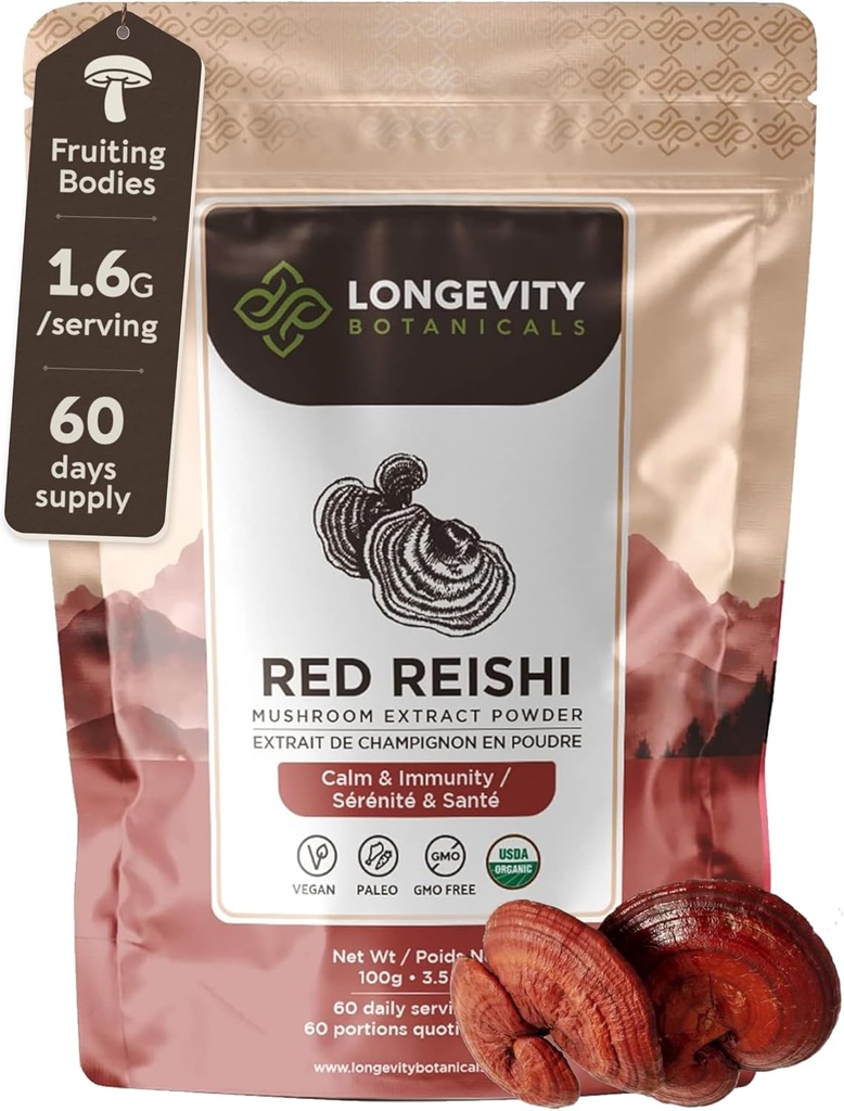 Longévité Botaniques Bio Reishi Mushroom Extract Powder 100g=1 Concentré 10:1 Ratio=100% Corps Fruits=100% Lingzhi (Ganoderma lucidum) Supplément naturel pour Immune, Stress & Sleep Support