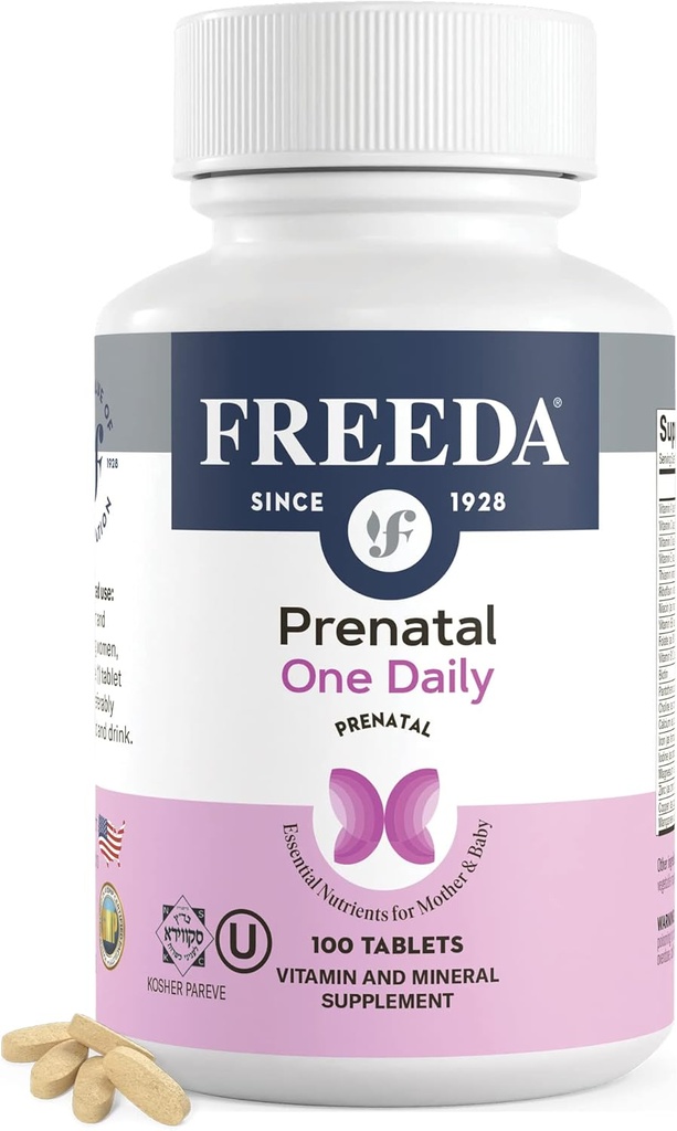 FREADA Vitamine prénatale - Casher Prénatal - Vitamines prénatales avec fer, acide folique prénatal, choline, vitamine D - Une prise en charge quotidienne de la multivitamine prénatale pour les femmes enceintes et allaitantes (100)