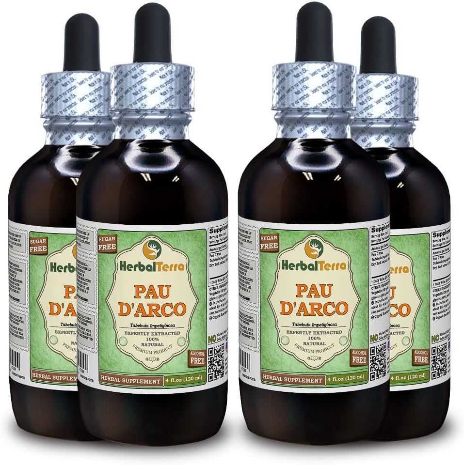 PAU d'arco (Tabebuia Impetiginosa) Glycérite, extrait liquide sans alcool séché à l'écorce (marque: HerbalTerra, fièrement fabriqué aux États-Unis) 4x4 fl.oz (4x120 ml)
