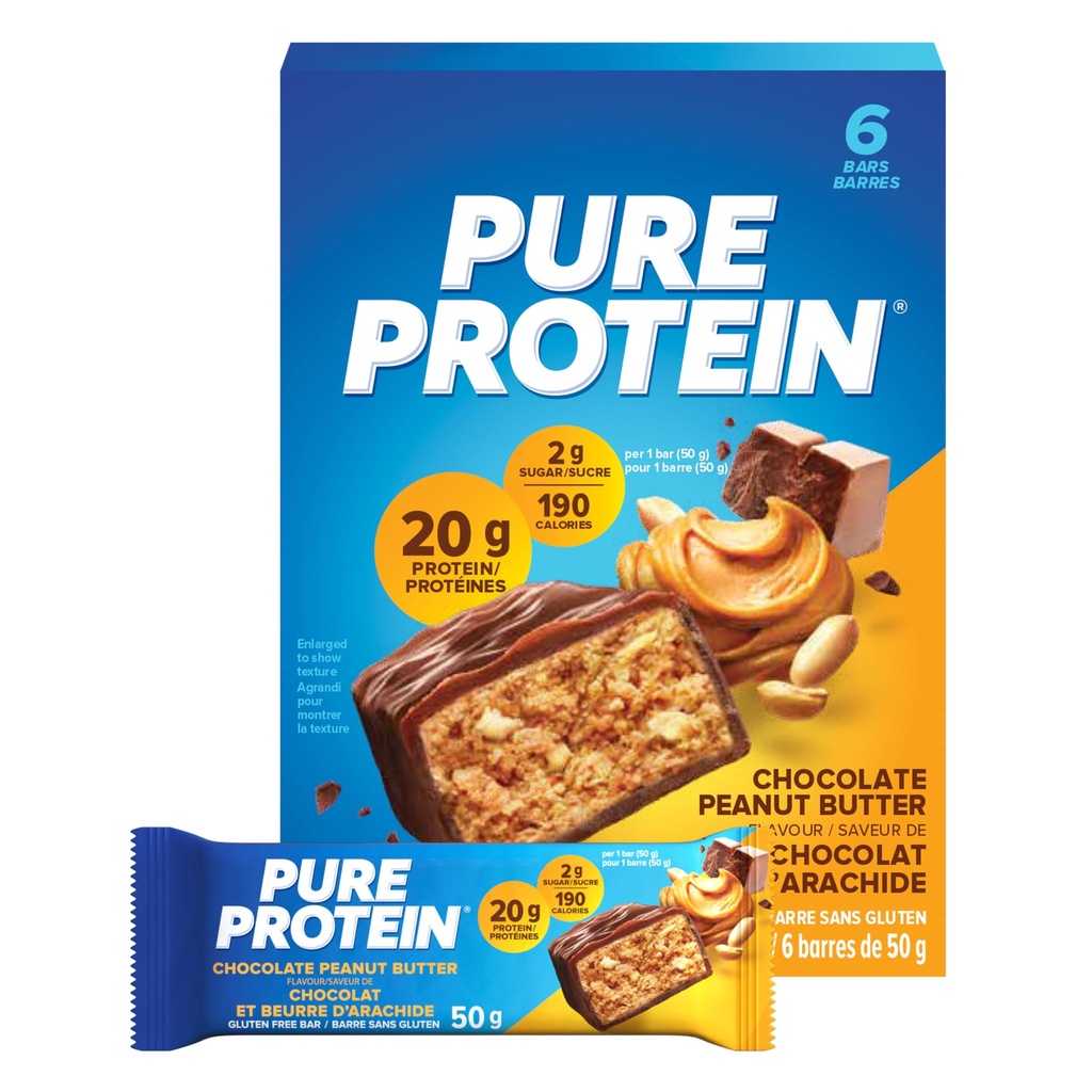 Barres de protéines pures, sans gluten, barres de snack, beurre d'arachide au chocolat, 50 grammes, 6 comtes, {importées du Canada}