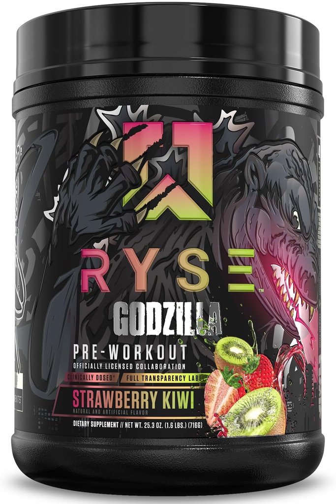 RYSE Godzilla X Noel Deyzel Pre Workout Poudre - Fraise Kiwi - 400mg Caféine, Pré-entraînement Stim pour les hommes et les femmes avec Citrulline et Beta Alanine - Énergie, Pompe et Focus - 20/40 Servants