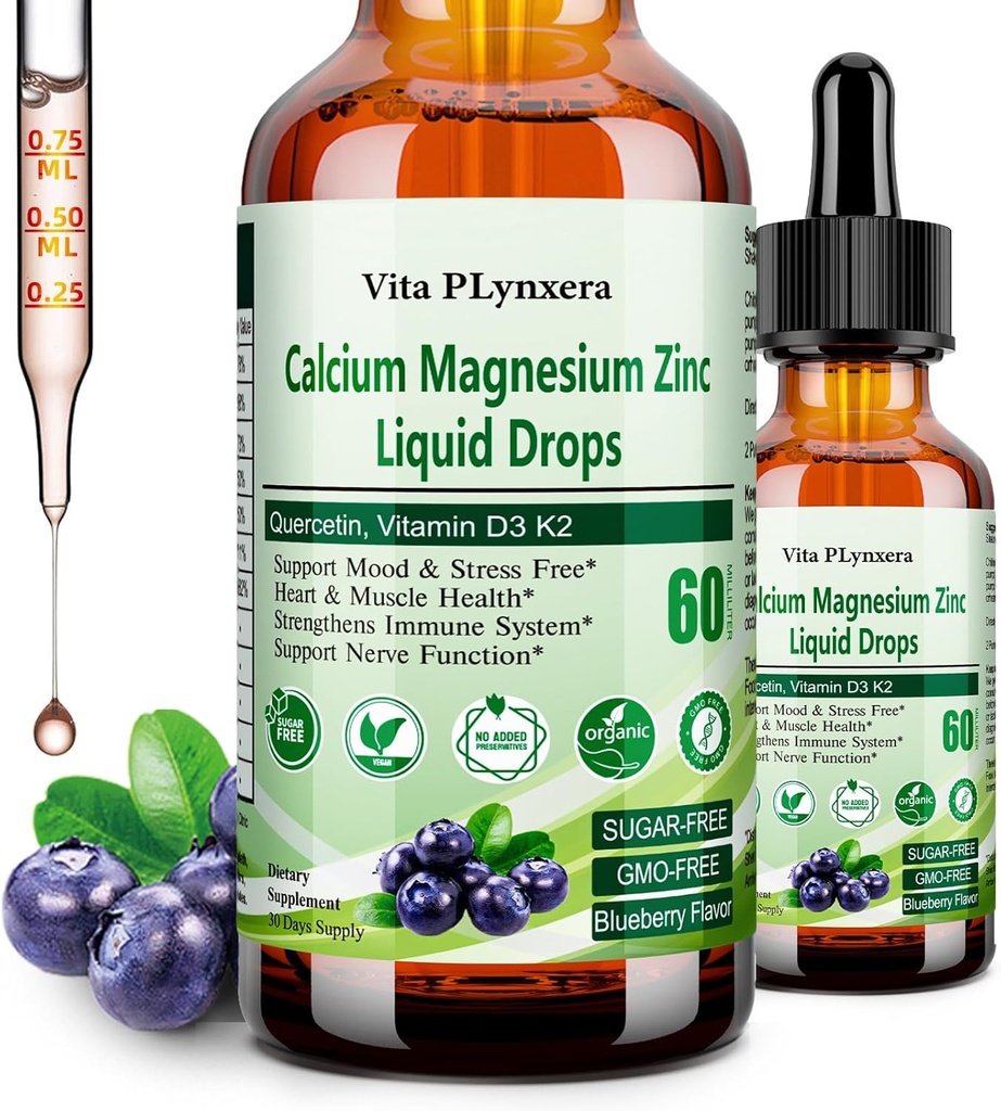 Zinc de magnésium de calcium, Citrate de magnésium de calcium liquide avec vitamine D3 K2, B6, Oméga-3, Pertes de magnésium liquide de haute puissance avec supplément à base de plantes pour os, muscles, relaxation, sommeil, nervosité