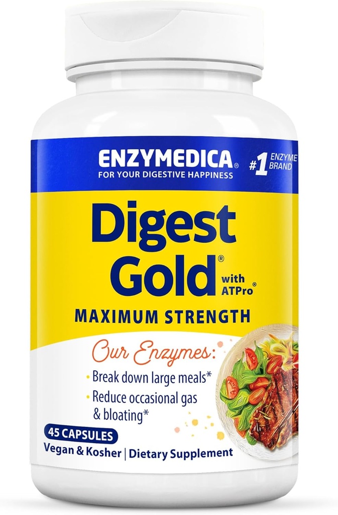 Enzymedica Digest Gold + ATPro, Enzymes digestifs à force maximale, aide à digérer les repas gros pour le soulagement de la bloatation instantanée, 45 Capsules