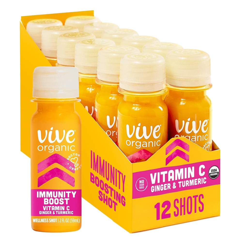 Vive Vitamine biologique C + Immune Support Shot, Turcuma pressé à froid, Ginger & Acerola Cherry, Sans gluten, Vegan, Immunity Boost Vitamine C, 2 Fl Oz (paquet de 12)