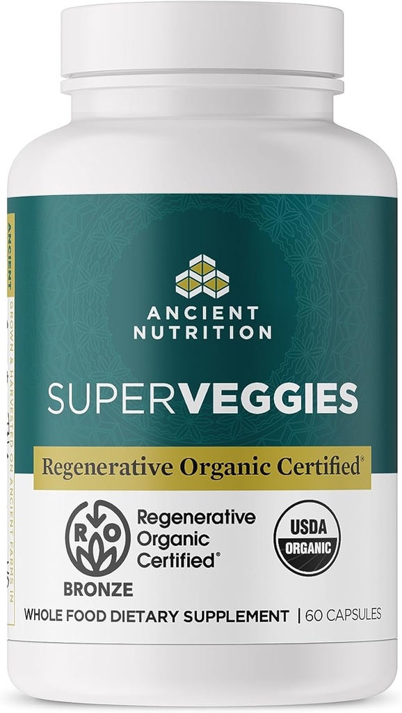 Ancient Nutrition Regénérative Bio Certified SuperVeggies Capsules, soutient la santé du système Gut et immunitaire, faite avec des probiotiques, Kale, Brocoli et Épinards, 60 Comte