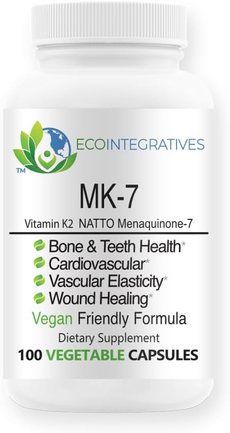 MK-7 (Vitamin K2 as menaquinone-7) Natural Vegan Natto - Supports Bone & Teeth Health, Cardiovascular, Vascular Elasticity & Wound Healing - Vegetable 100 Capsules