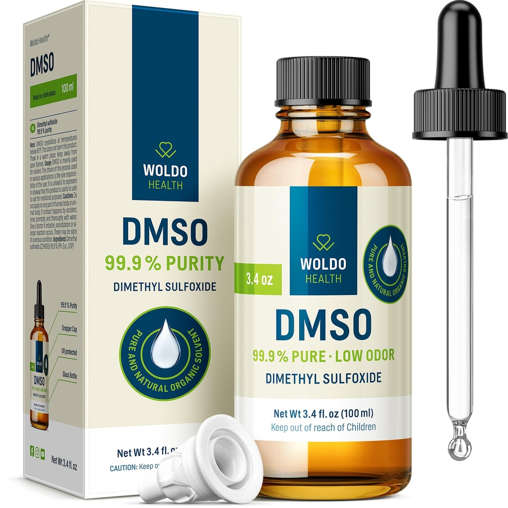 WoldoHealth DMSO 99,9 % Classe pharmaceutique - FT-IR Sulfoxyde de diméthyle vérifié, solvant à faible odeur dans une bouteille en verre avec goutteur de précision (3,38 oz)