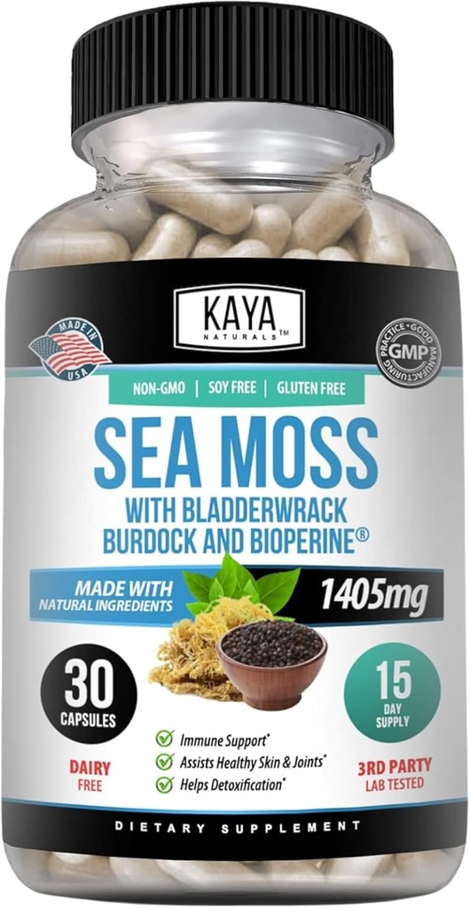 Kaya Naturals Sea Moss - Supplément mobilité pour les hommes et les femmes - avec Burdock Root, Irish Moss, Bladderwrack et BioPerine - pour la santé de la mobilité et l'Immune Boost, 30 comtes