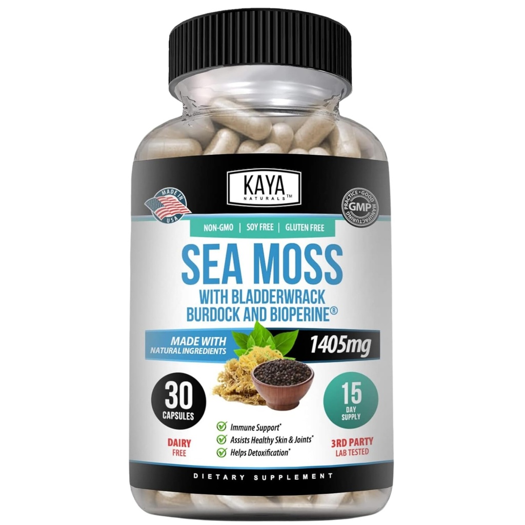 Kaya Naturals Sea Moss - Supplément mobilité pour les hommes et les femmes - avec Burdock Root, Irish Moss, Bladderwrack et BioPerine - pour la santé de la mobilité et l'Immune Boost, 30 comtes
