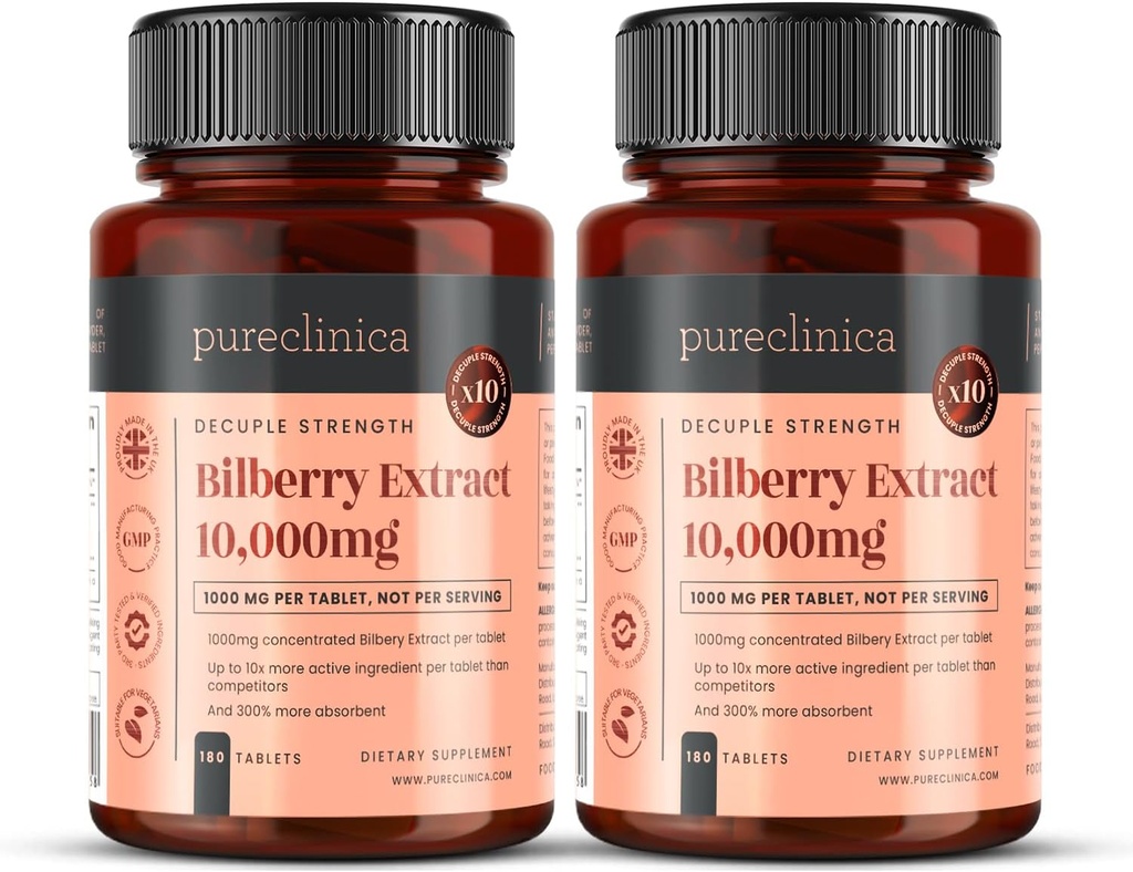 purclinica Extrait de bilberry 10 000mg x 360 comprimés (2 bouteilles) - 10 X Plus d'anthocyanidines w/ 5mg Extrait de poivre noir