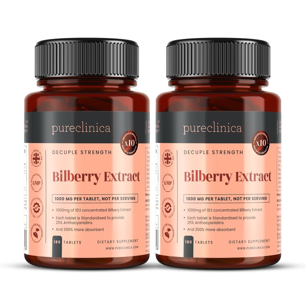 purclinica Extrait de bilberry 10 000mg x 360 comprimés (2 bouteilles) - 10 X Plus d'anthocyanidines w/ 5mg Extrait de poivre noir