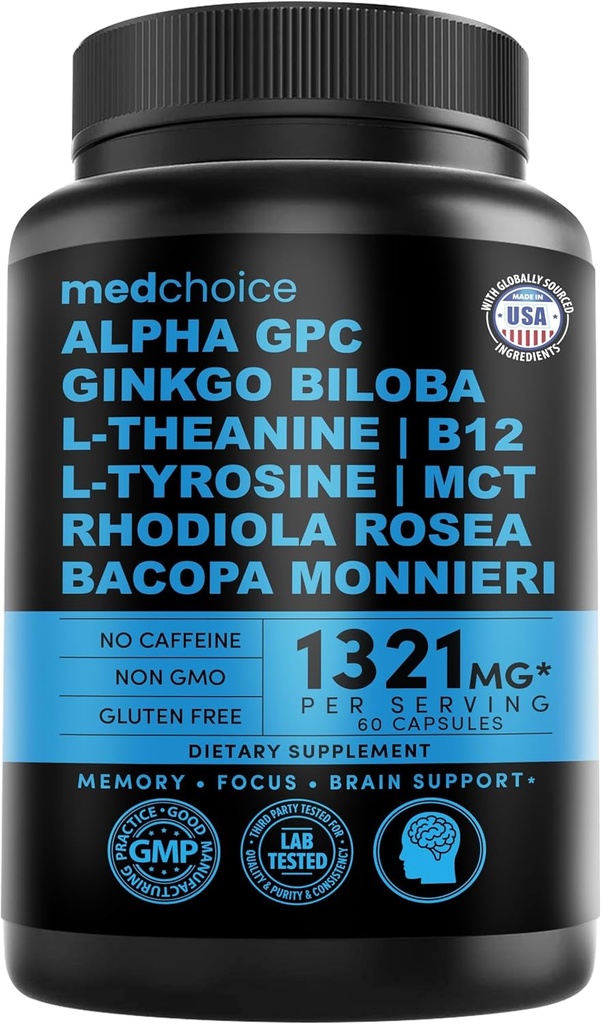 12-en-1 Ginkgo Biloba Nootropic pour le soutien, la mémoire et la focalisation du cerveau - B12, Alpha GPC, L Theanine et Suppléments Choline avec Bioperine non caféiné 1321mg (60ct)