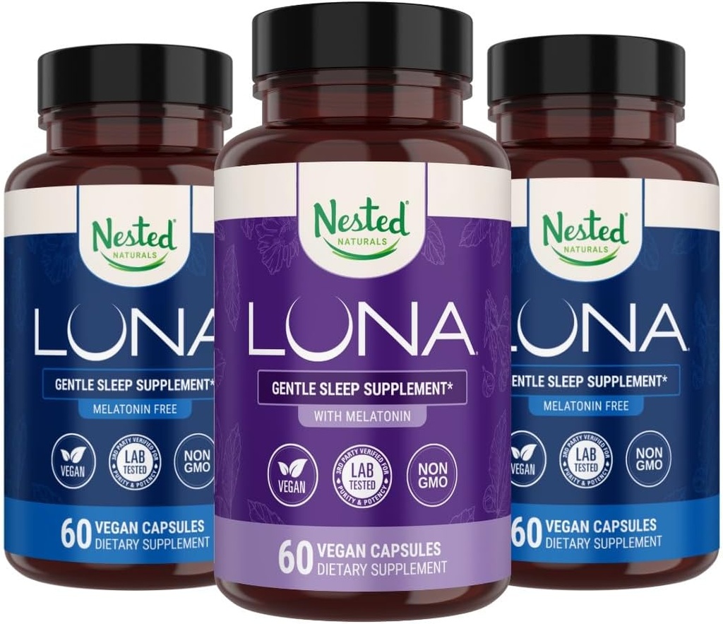 Nested Naturals Luna Melatonin-Free (120 Capsules Vegan) et Luna Natural Sleep Aid avec Melatonin (60 Capsules Vegan) pour le sommeil profond