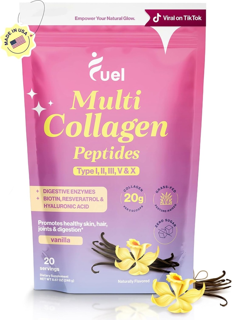 Poudre de Peptides Multi Collagène Carburant – 20g Collagène Hydrolysé I, II, III, V & X pour les cheveux, la peau, les ongles et le soutien articulaire – Meilleure absorption – Sans Keto et sans gluten, Vanila Français 8.67oz
