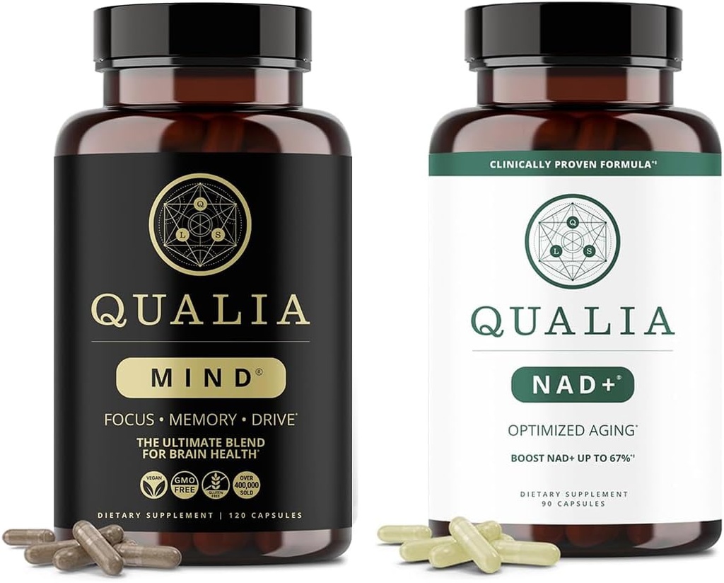 Qualia Life Sciences Bundle Qualia Mind & Qualia NAD+ Capsule de supplément de cerveau pour mémoire, focus et concentration, peut stimuler NAD+ Niveaux jusqu'à 50%
