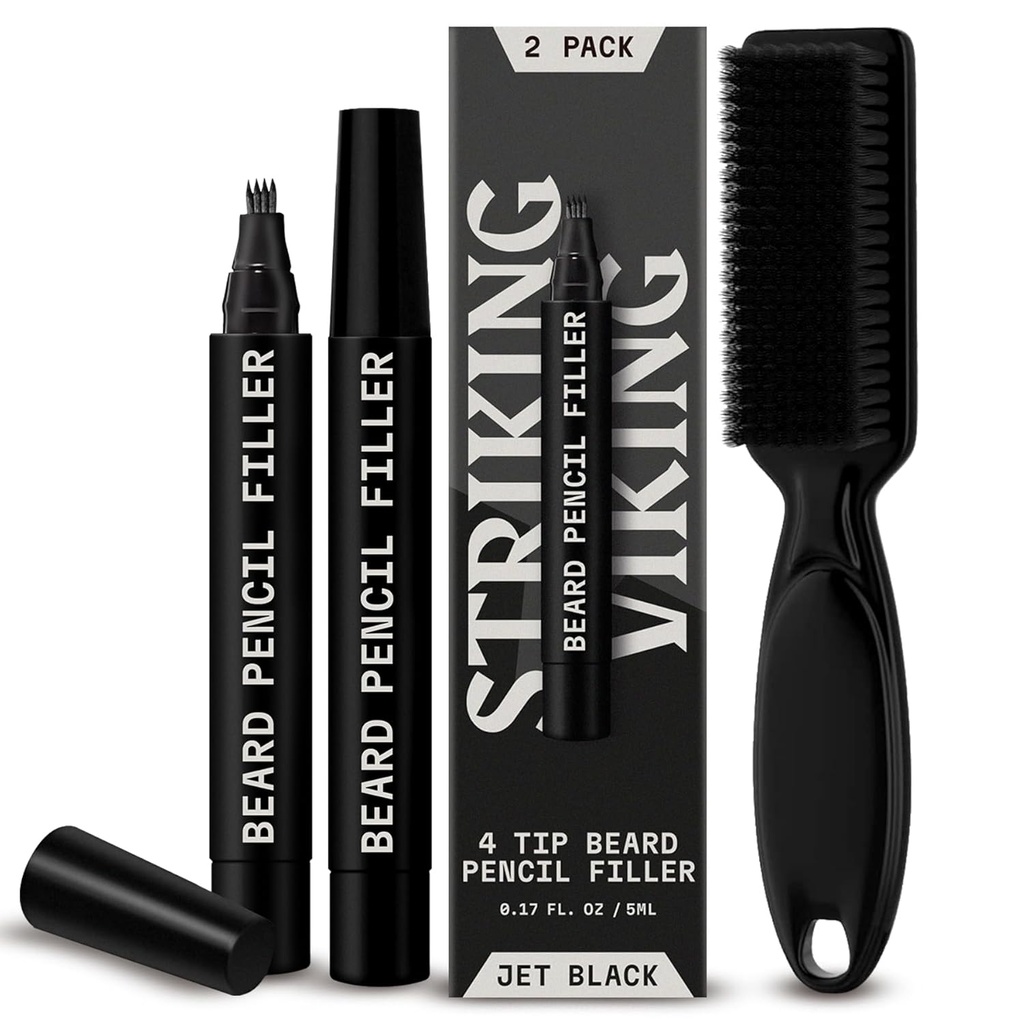 Remplir de crayon à barbe Viking pour les hommes - Paquet de 2, Jet Black - Stylo à barbe imperméable à longue durée - Conseil à 4 brins pour la réparation de l'écart et le crayon à barbe - Brosse & Remplir de stylo