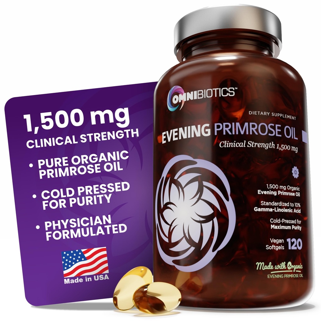 Omnibiotics Huile de Primrose biologique pour femmes – Résistance clinique 1500mg par gélule, 10% GLA, pressé à froid, non-OGM, Hormone Balance pour femmes – 120 Capsules Vegan Softgel