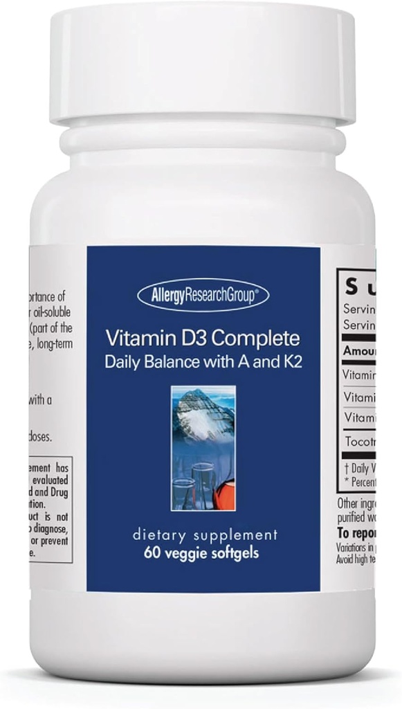 Allergy Research Group Vitamin D3 Complete - Vitamin D3 and K2 Supplement, Daily Balance, with Vitamin A, DeltaGold Tocotrienols, High Potency, Veggie Softgels - 60 Count