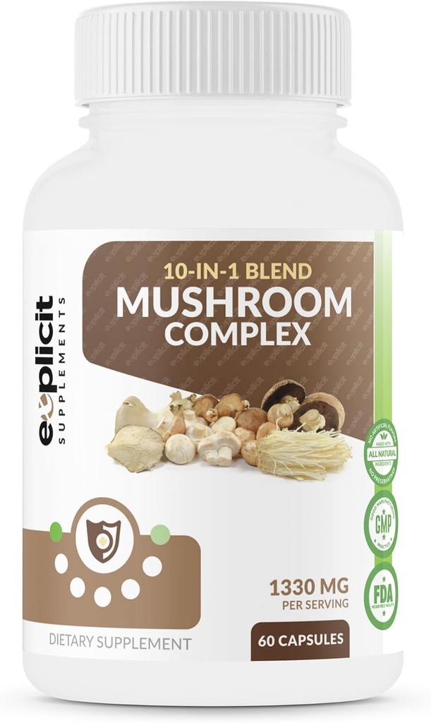 Supplément de champignons complet avec 10 extraits et mélanges de champignons (Cordyceps, Reishi, Shiitake, Lions Mane, Maitake, Turkey Tail, Chaga, Royal Sun, White Button, Black Fongus Mushroom) - 60 capsules
