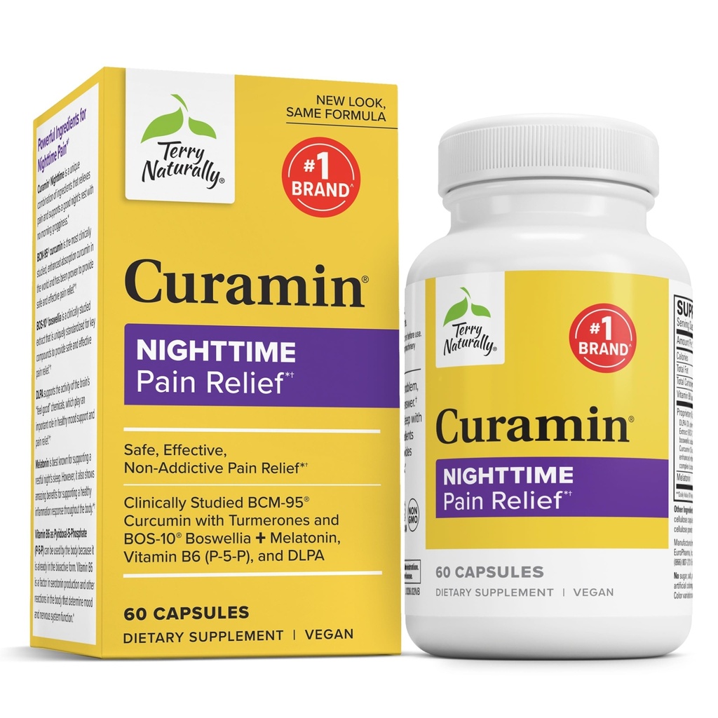 Terry naturellement Curamin Nighttime - Curcumin & DLPA Capsule Supplément - Supplément non-OGM pour soutenir le sommeil et la relaxation sains - Supplément à base de plantes avec la mélatonine - 60 Capsules