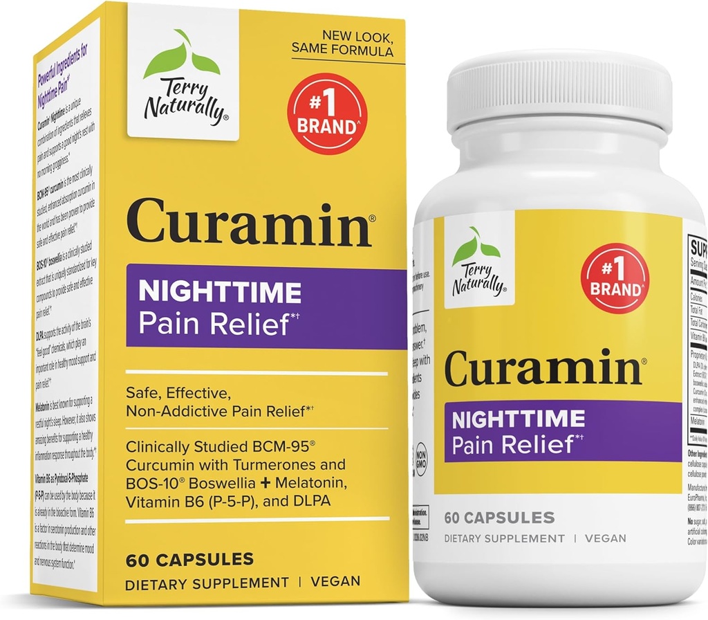 Terry naturellement Curamin Nighttime - Curcumin & DLPA Capsule Supplément - Supplément non-OGM pour soutenir le sommeil et la relaxation sains - Supplément à base de plantes avec la mélatonine - 60 Capsules