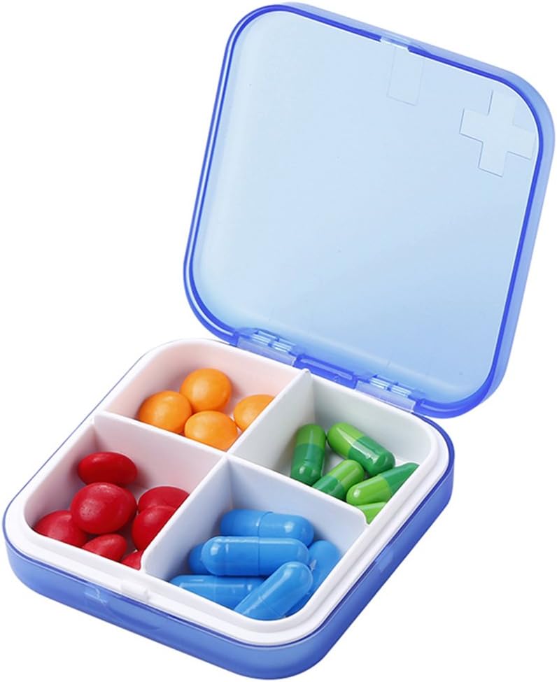 Portable Pill Organizer - Boîte à pilules mince pour la poursuite ou le voyage, cas de pilule compacte(4 compartiment, bleu)