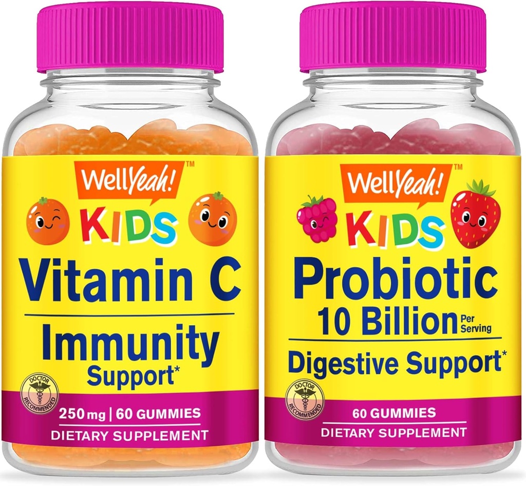 Eh bien oui Vitamine C Enfants + Probiotiques 10B Enfants, Gummies Bundle - Grande dégustation, supplément de vitamine, sans gluten, sans OGM, gummy à croquer
